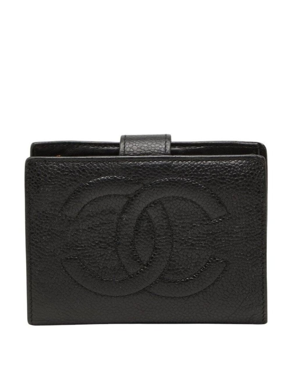 Chanel CC Logo Bifold Wallet Kiss Lock Coin Purse Black Caviar Leather